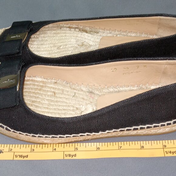 Salvatore Ferragamo Black Canvas Espadrille Ballet Flats LOGO Bow US 9M Spain - Picture 9 of 12